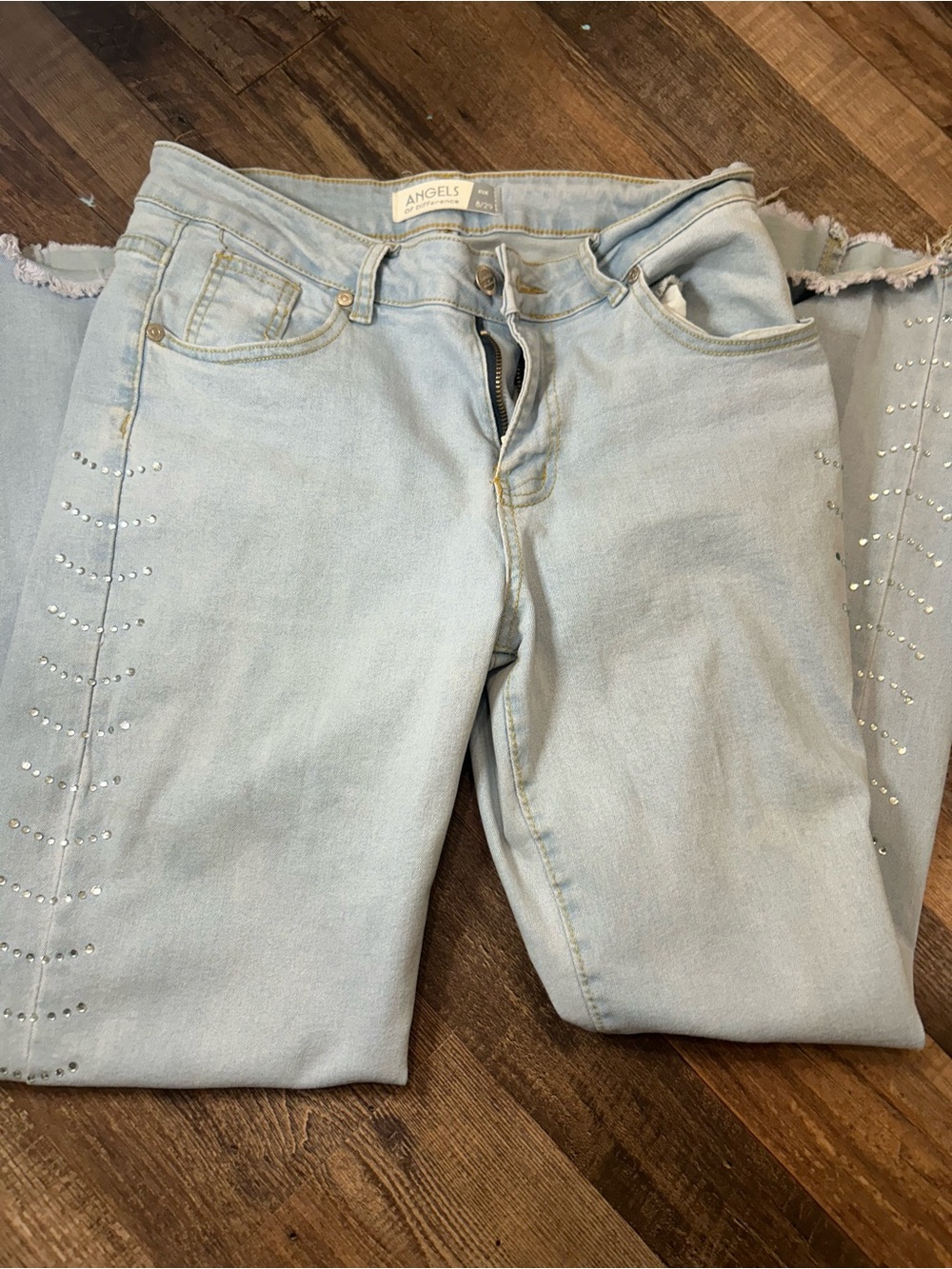 Angels Light Blue Straight-Leg Jeans with Rhinestone Trim